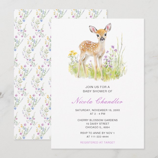 Invitación Baby Shower del venado de primavera (Anverso / Reverso)