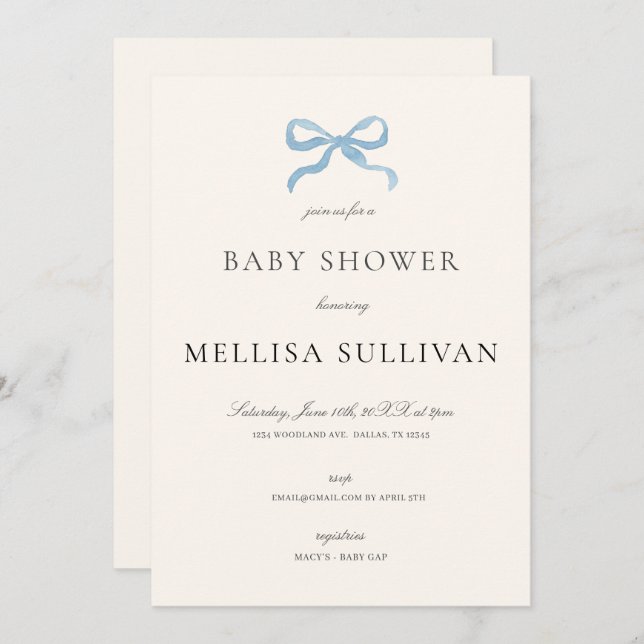 Invitación Baby Shower Delicado Blue Bow