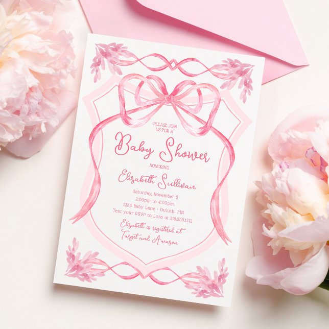 Invitación Baby Shower delicado de Acuarela con lazo rosa (Dainty Watercolor Pink Ribbon Baby Shower Invitation)