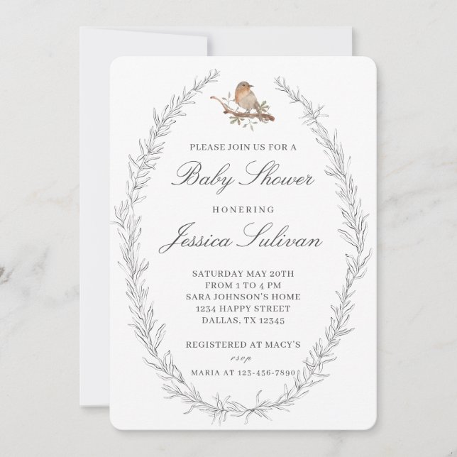 Invitación Baby Shower Delicado Moderno para pájaros (Anverso)