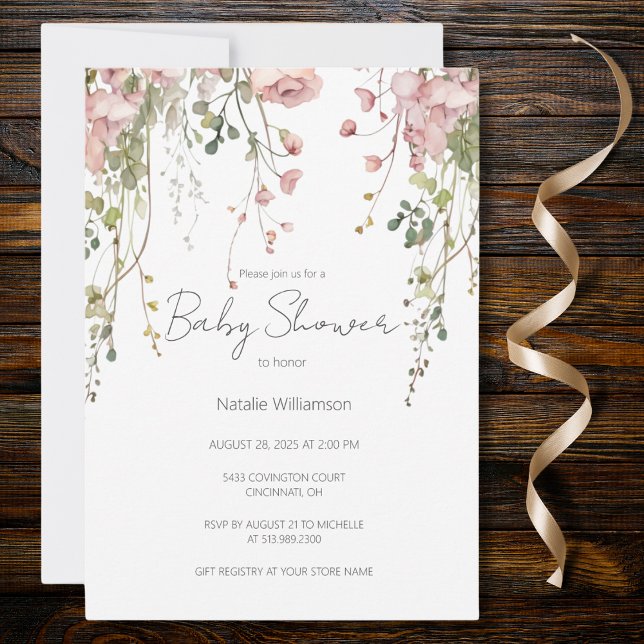 Invitación Baby Shower Delicate Floral Rosa (Also available with QR code. )