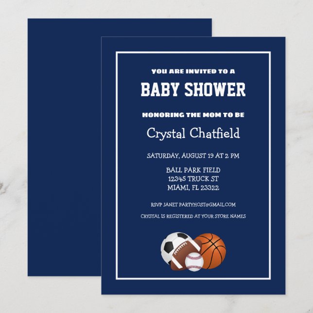 Invitación Baby Shower Deportivo Azul de la Marina (Anverso / Reverso)