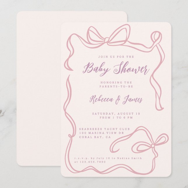 Invitación Baby Shower dibujado a mano por el chica Pink Bow  (Anverso / Reverso)