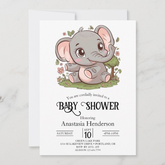 Invitación Baby Shower digital Boho Adorable Elephant (Anverso)