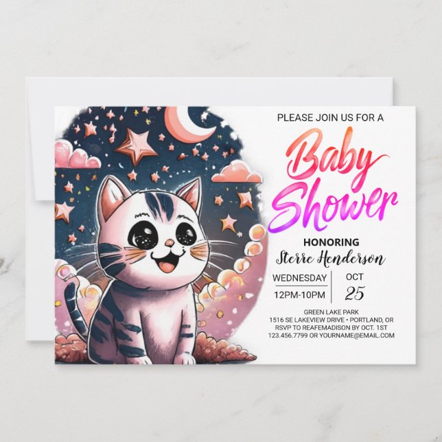 Invitación Baby Shower digital Girly Cat (Anverso)