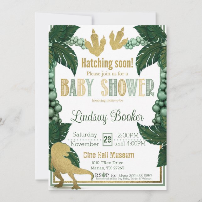 Invitación Baby Shower Dino-Rific en oro (Anverso)