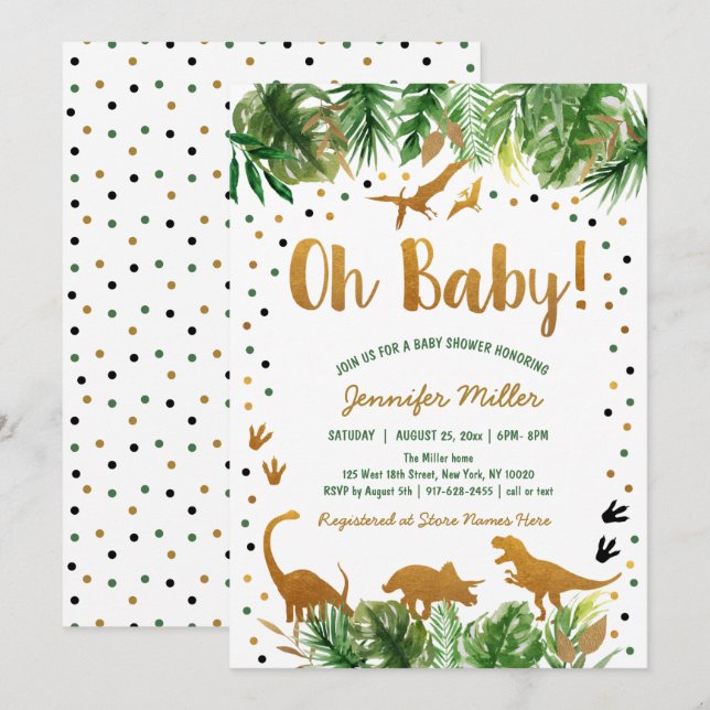 Invitación Baby Shower Dinosaur Green Gold Safari (Anverso / Reverso)