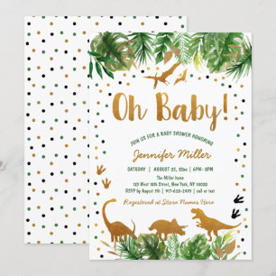 Invitación Baby Shower Dinosaur Green Gold Safari
