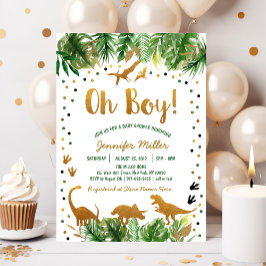 Invitación Baby Shower Dinosaur Green & Gold Safari