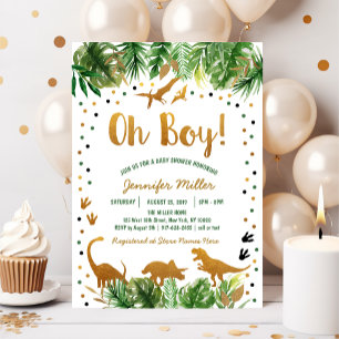Invitación Baby Shower Dinosaur Green & Gold Safari