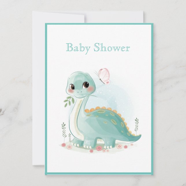 Invitación Baby Shower Dinosaur Green Watercolor (Anverso)