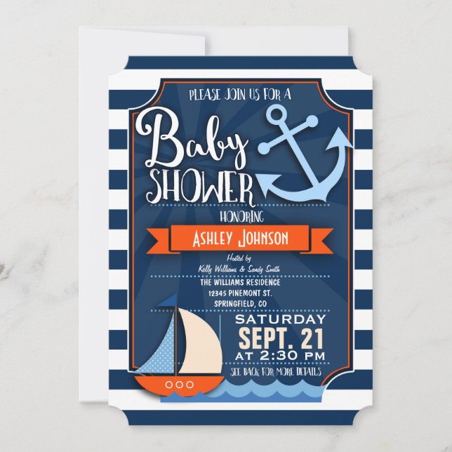 Invitación Baby Shower divertida, naval, Naranja y náutica bl (Anverso)