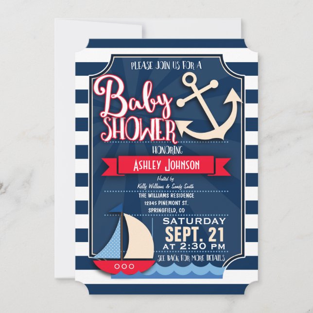Invitación Baby Shower divertido, naval, rojo y blanco (Anverso)