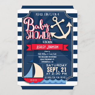 Invitación Baby Shower divertido, naval, rojo y blanco