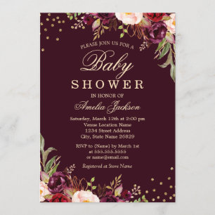 Invitación Baby Shower Dorado Burgundy floral Brillo
