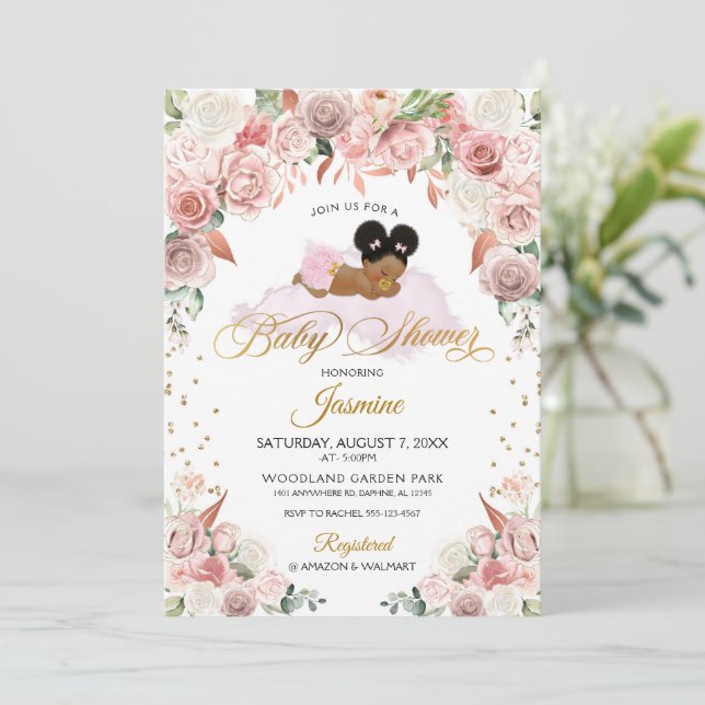 Invitación Baby Shower dormido con flores rosadas (Anverso de pie)