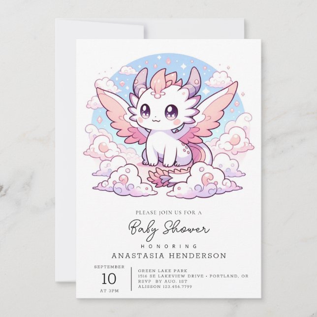 Invitación Baby Shower Dragón dulce encantado (Anverso)