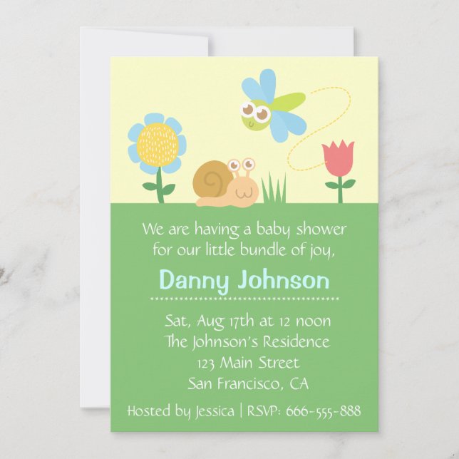 Invitación Baby Shower: Dragonfly y caracol en un jardín (Anverso)