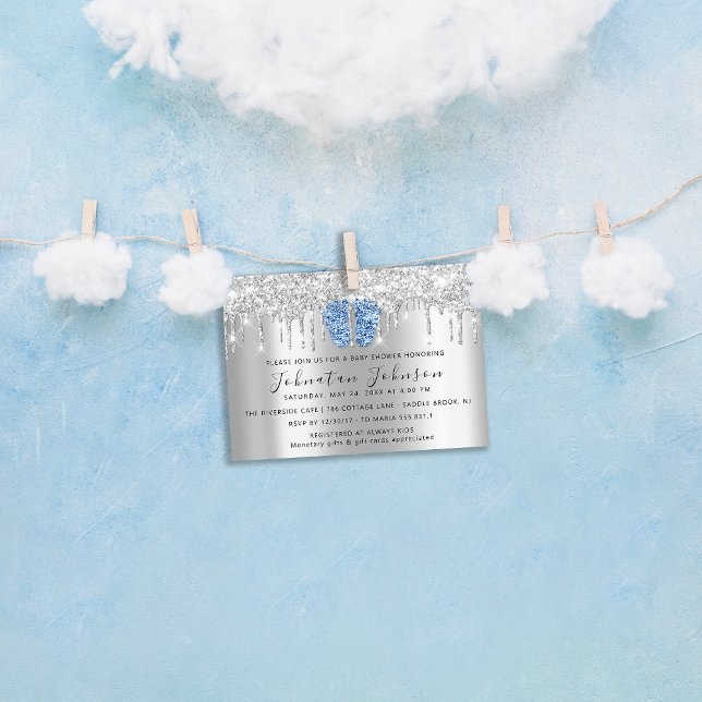 Invitación Baby Shower Drips Purpurina Blue Feet Silver (Baby Shower Drips Glitter Blue Feet Silver Invitation)