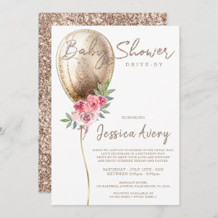 Invitación Baby Shower Drive By Luxury Beige Balloon Purpurin