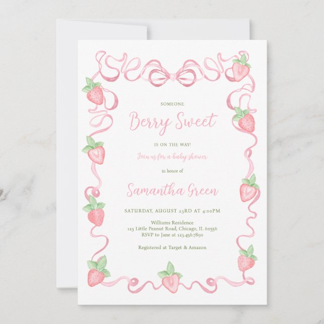 Invitación Baby Shower dulce Berry de color rosa (Anverso)