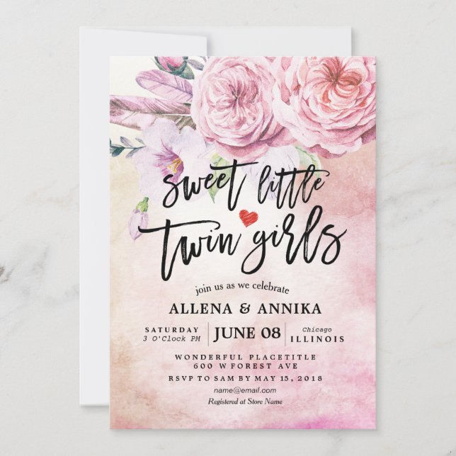 Invitación Baby Shower dulce Chicas gemelos Boho Flores (Anverso)