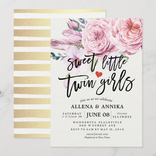 Invitación Baby Shower dulce Chicas gemelos Boho Flores (Anverso / Reverso)