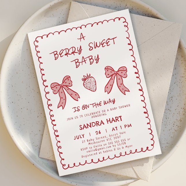 Invitación Baby Shower dulce de fresa roja dibujado a mano (Hand Drawn Strawberry Baby Shower Invitation Template Red, Berry Baby Shower Invitation Hand Drawn )