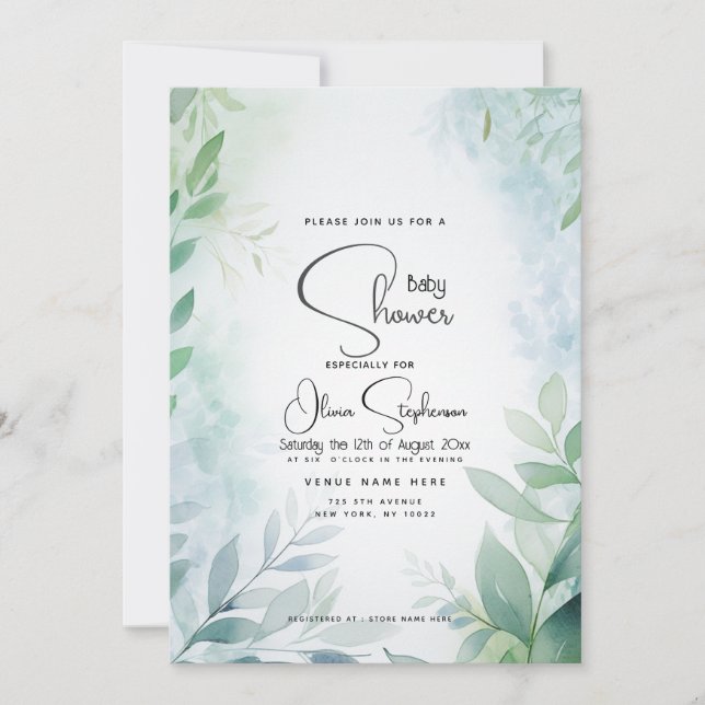 Invitación Baby Shower- Dusty Blue Leafy QR (Anverso)
