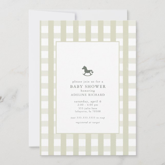 Invitación Baby Shower Ecuestre de Gingham Verde Clásico (Anverso)