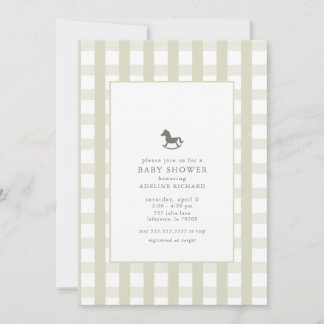 Invitación Baby Shower Ecuestre de Gingham Verde Clásico