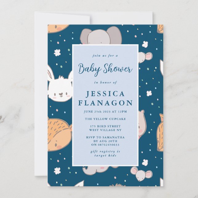 Invitación Baby Shower editable Animal Safari Jungle Blue (Anverso)