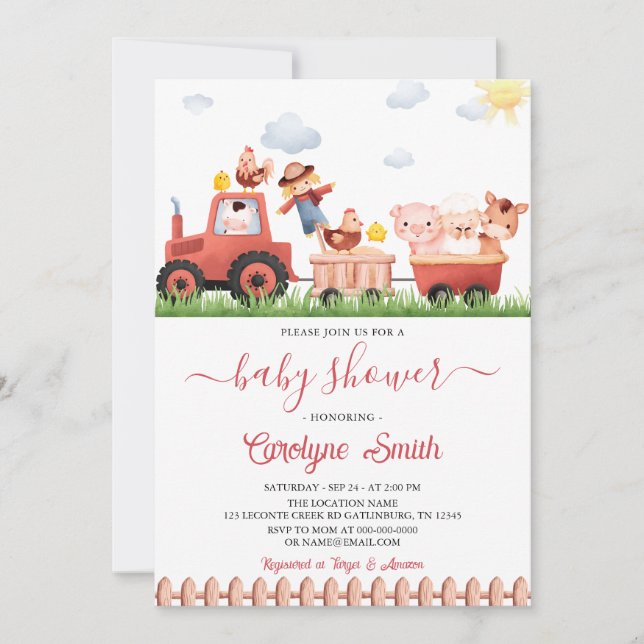 Invitación Baby Shower Editable Barnyard Farm Animals (Anverso)