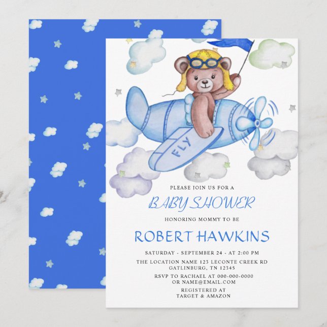 Invitación Baby Shower EDITABLE DE Teddy Bear Airplane (Anverso / Reverso)