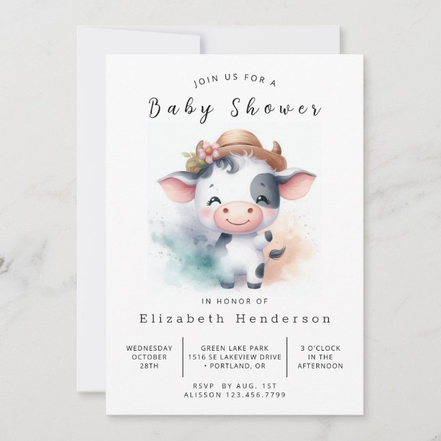 Invitación Baby Shower editable Happy Simple Cow (Anverso)