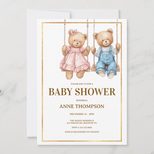 Invitación Baby Shower editable - Oso de peluche (Anverso)