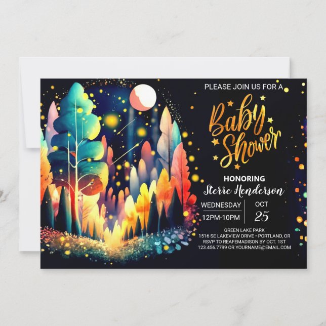 Invitación Baby Shower editable Watercolor Fireflies Woods (Anverso)
