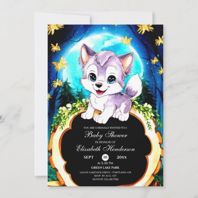 Invitación Baby Shower editable Watercolor Wolf (Anverso)
