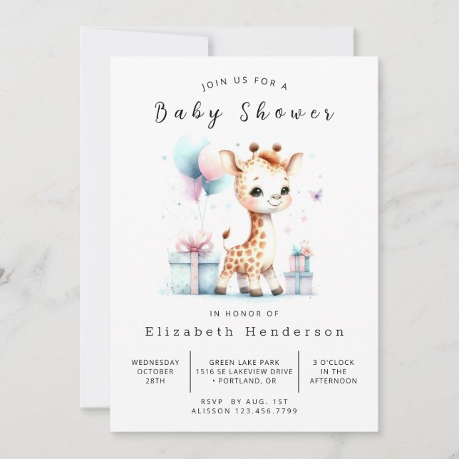 Invitación Baby Shower editorial bohemio de Giraffe (Anverso)