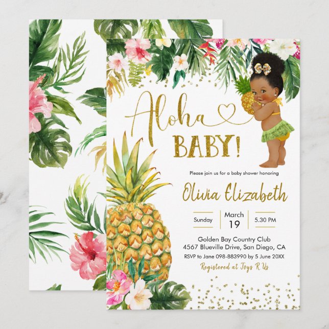 Invitación Baby Shower, el Chica afroafricano luau tropical (Anverso / Reverso)