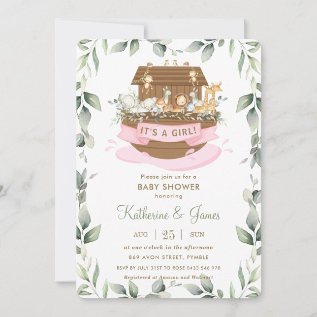 Invitación Baby Shower, el Chica de verde de los animales ára (Anverso)