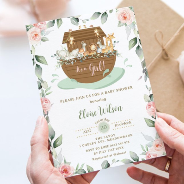 Invitación Baby Shower, el Chica floral rosa dulce Noé (zazzle-blush-pink-floral-flowers-greenery-noah's-ark-girl-baby-shower-invitation-card)