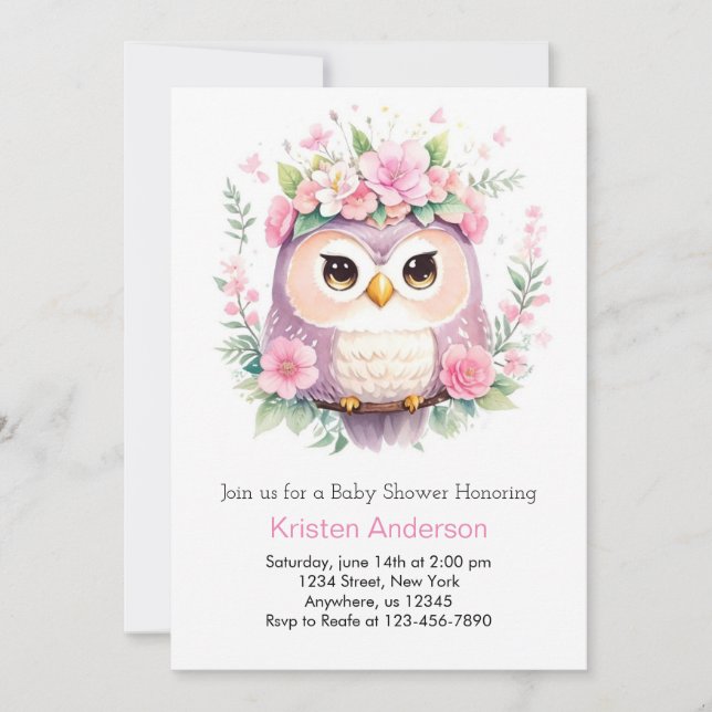 Invitación Baby Shower, el Chica floral rosada de Lechuza Woo (Anverso)