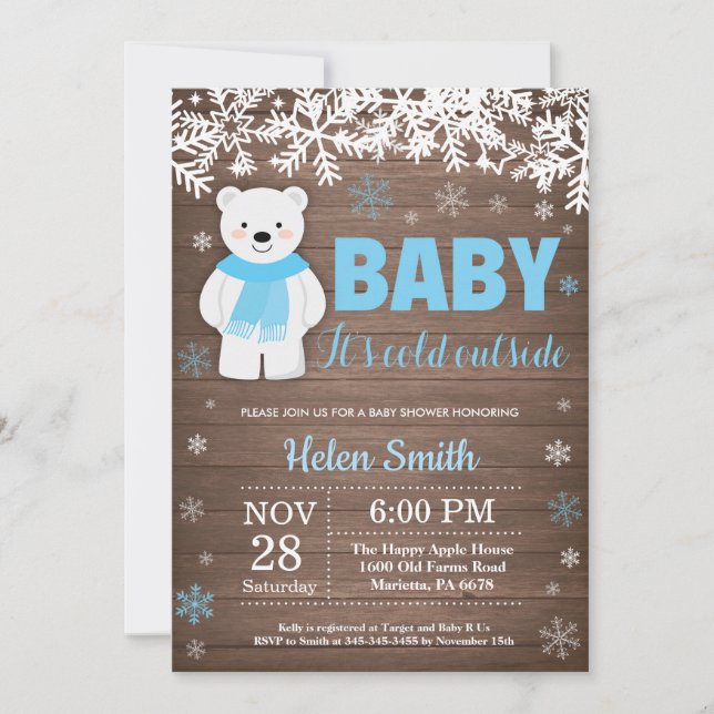 Invitación Baby Shower, el chico invernal del oso polar ruso (Anverso)
