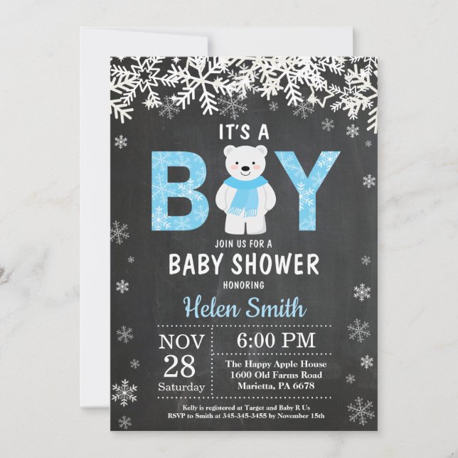 Invitación Baby Shower, el chico invernal del oso polar ruso (Anverso)