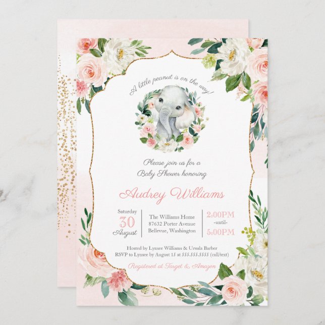 Invitación Baby Shower, el elefante Chica rosado de maní (Anverso / Reverso)