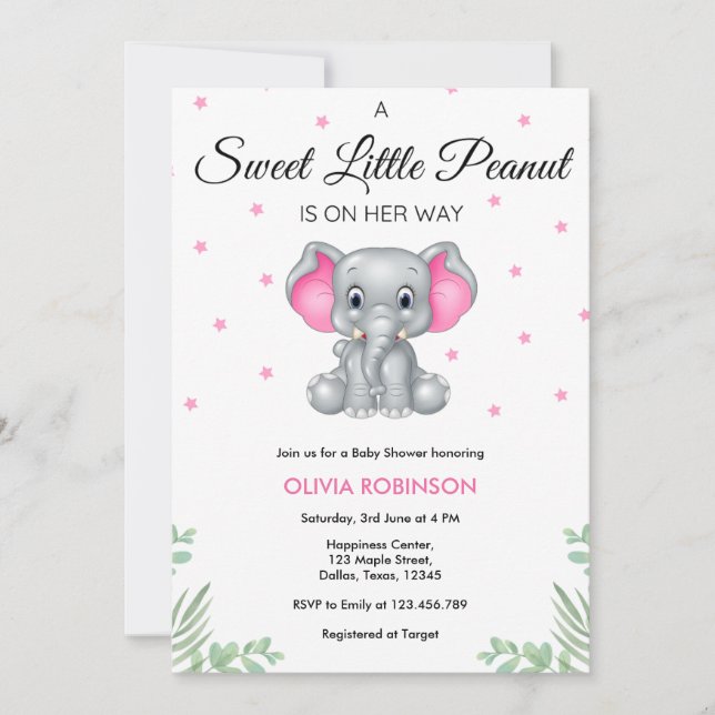 Invitación Baby Shower, el elefante dulce Chica de cacahuete (Anverso)