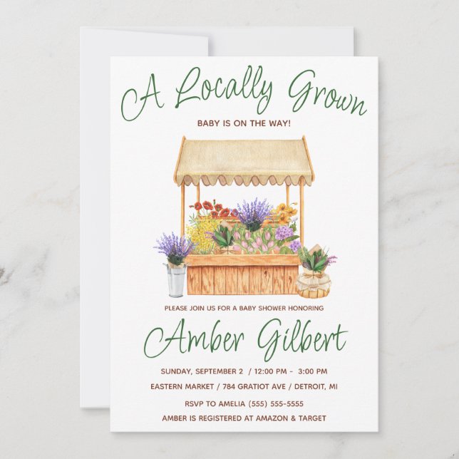 Invitación Baby Shower, el mercado de las flores de los granj (Anverso)