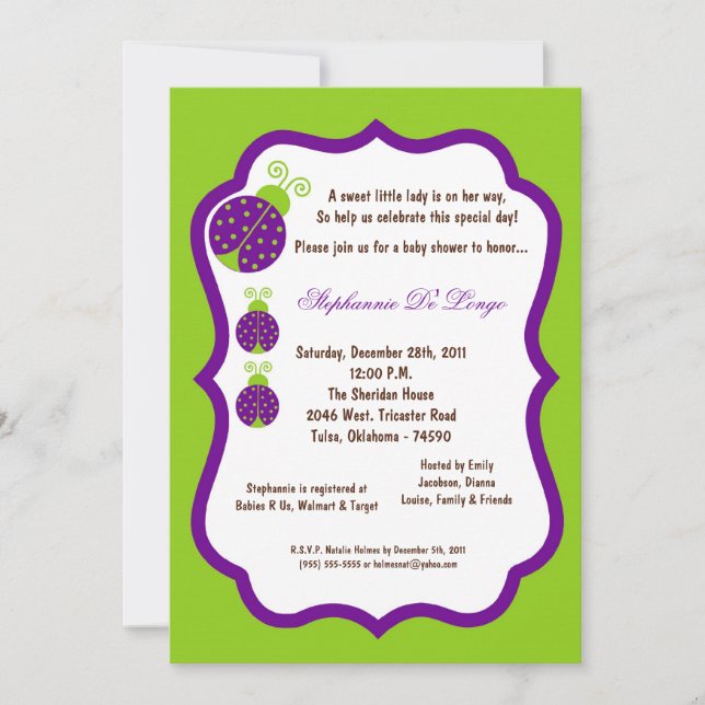 Invitación Baby Shower Electric Green Lady Bug (Anverso)