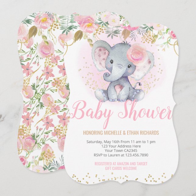 Invitación Baby Shower elefante (Anverso / Reverso)